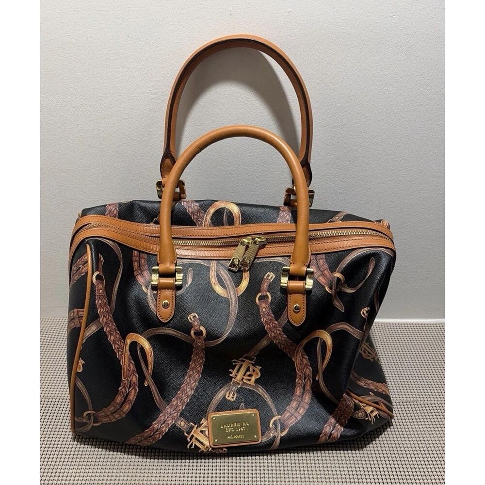 Ralph Lauren Black Belting Print Equestrian Satchel - Picture 2 of 13